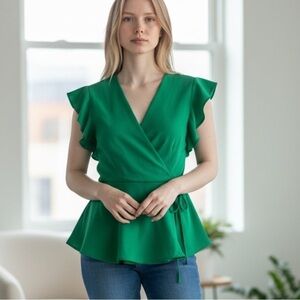 Monteau Los Angeles Green Faux Wrap Top Medium | Flutter Sleeve Peplum Blouse